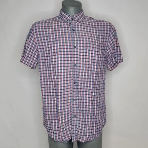 NWOT Banana Republic Camden Standard Fit Check 100% Linen Long Sleeve Blue Red L